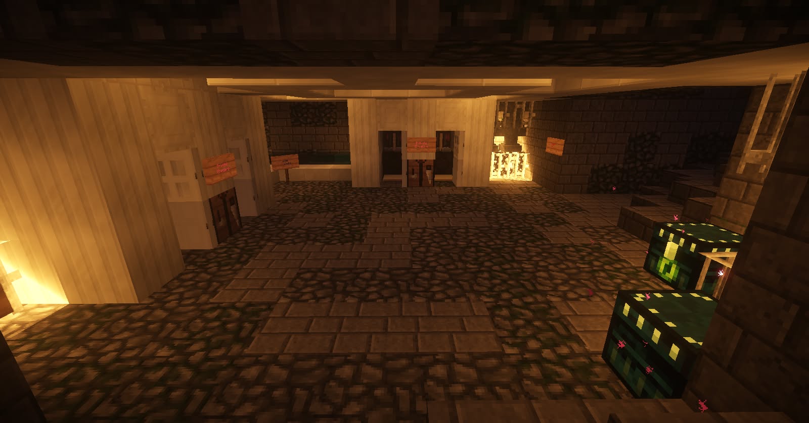 Torch-lit underground hall with ender chests