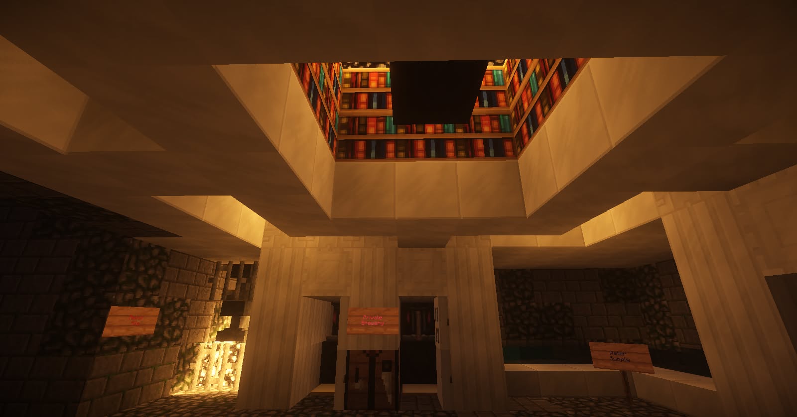 Underground base room with signs for a private brewery and water supply, under a bookshelf skylight