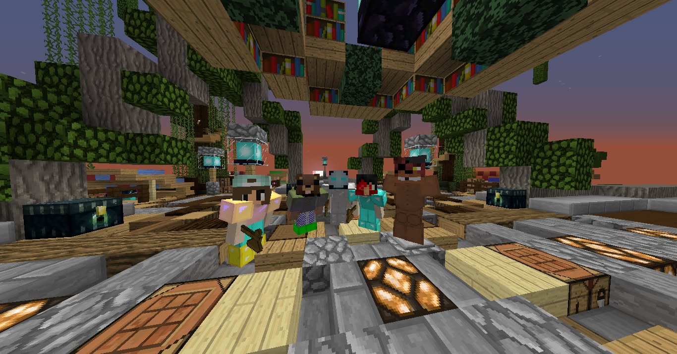 Players gathered at spawn at sunset under a library canopy