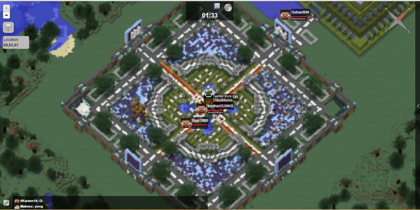 Live web map of the spawn city with several players online