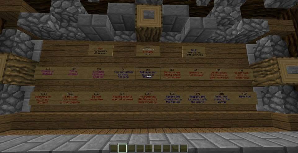 Wooden signboard listing the server rules, including Raiding is allowed, PVP is allowed, and Have fun