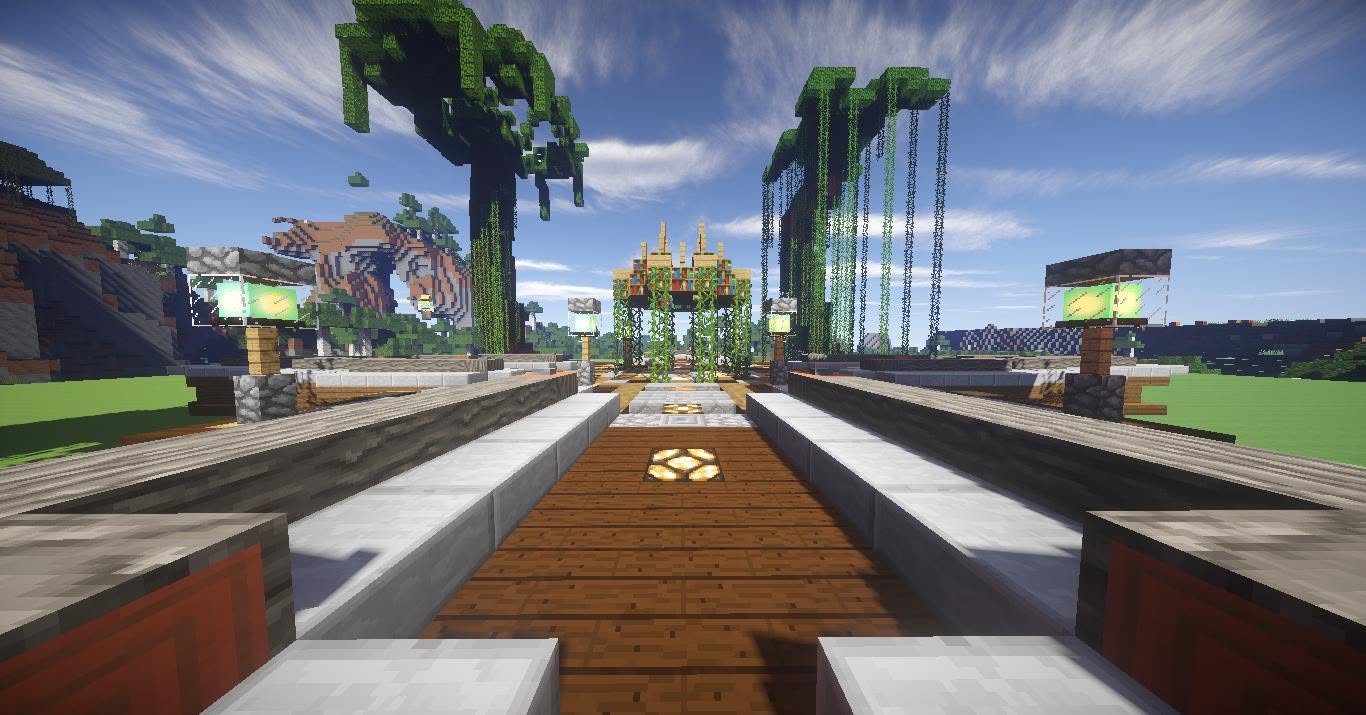 Wooden walkway leading to the spawn gate, lined with lamps and vine-covered trees