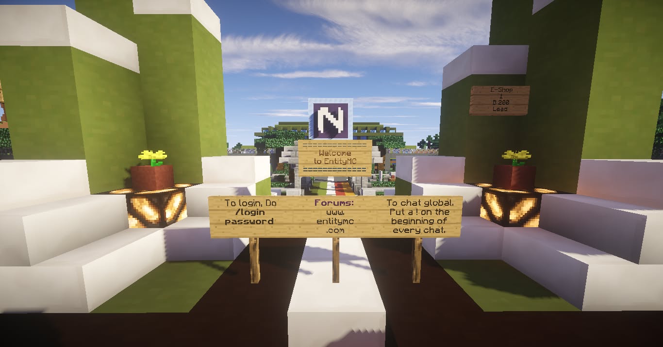 Spawn sign reading Welcome to EntityMC, with instructions to /login, the forums at www.entitymc.com, and ! for global chat